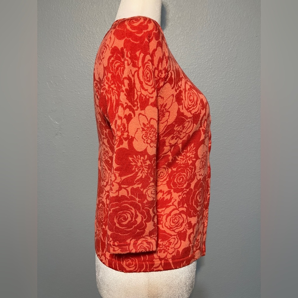 Garnet Hill Orange Floral Cardigan Sweater Button Front 100% Merino Wool Medium - Picture 2 of 7